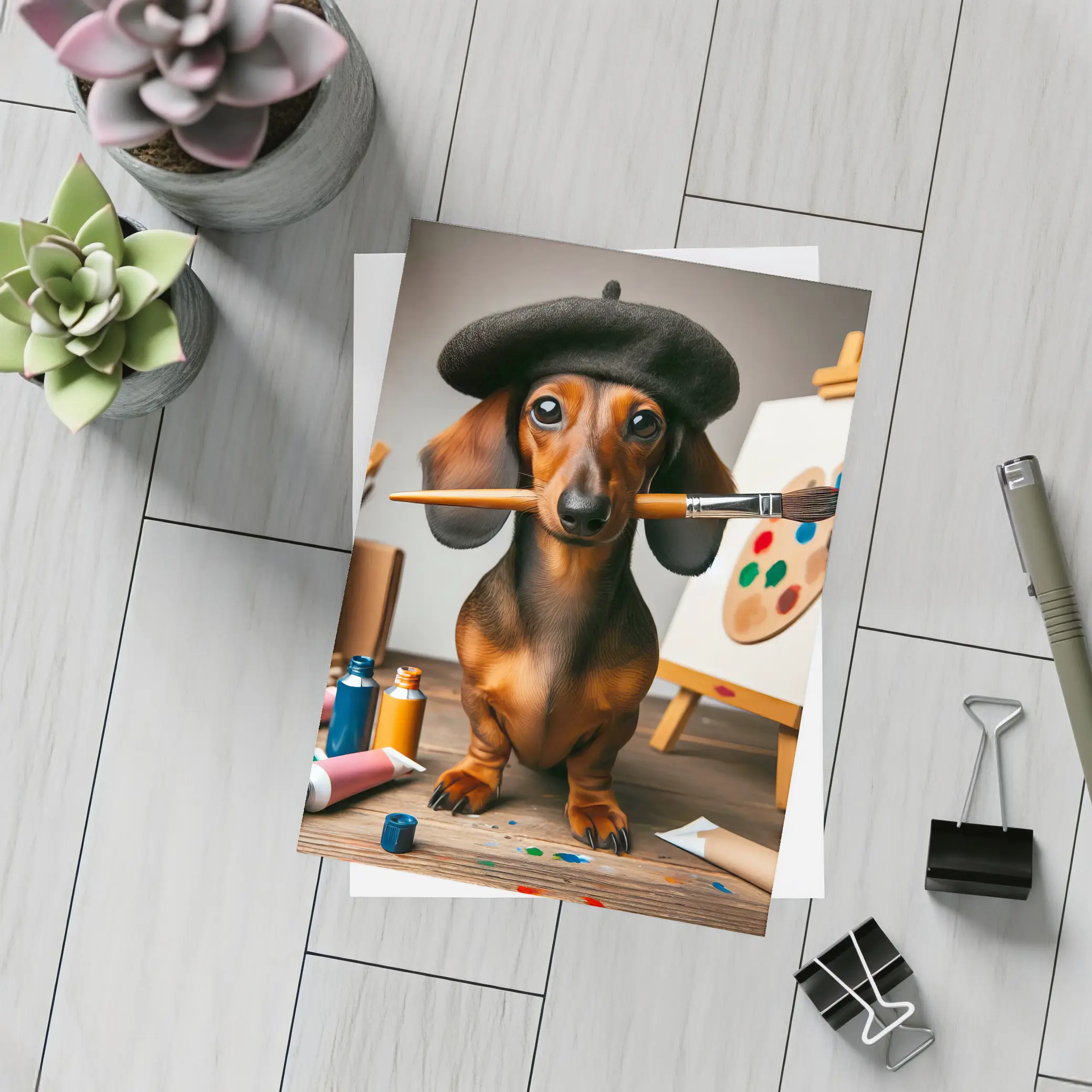 Dachshund Artist Wearing Beret With Paintbrush – Postcards