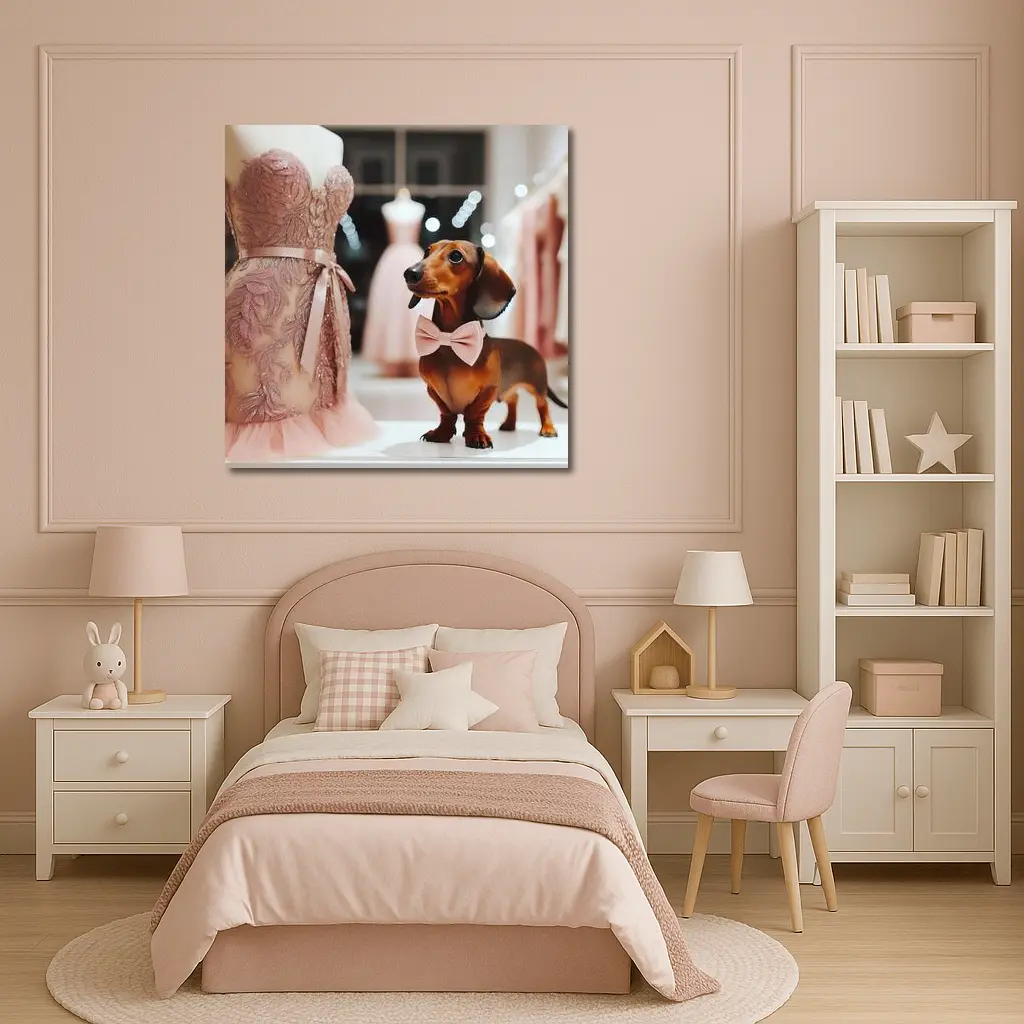 Dachshund With Pink Bow In Dress Shop – Wall Art