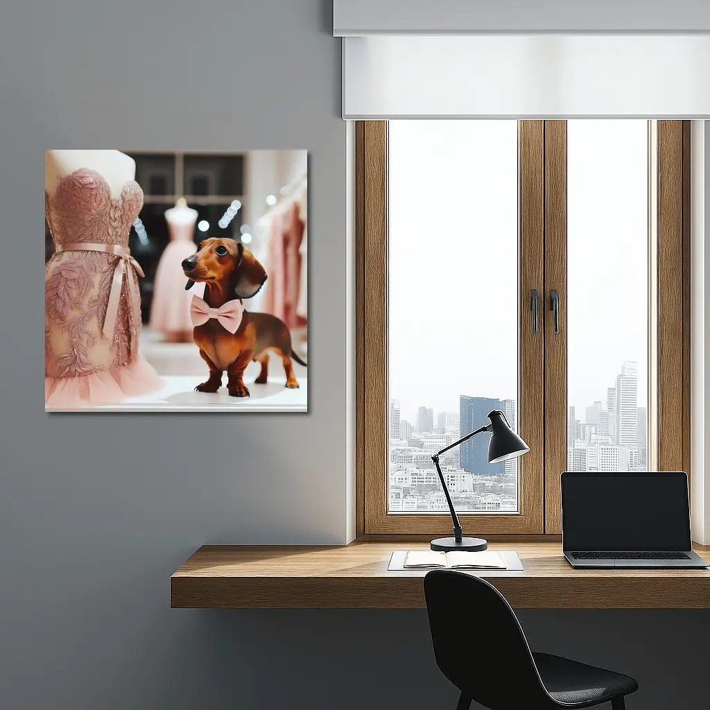 Dachshund With Pink Bow In Dress Shop – Wall Art