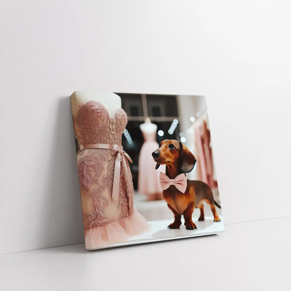 Dachshund With Pink Bow In Dress Shop – Wall Art