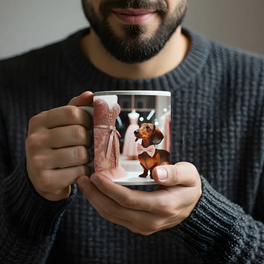 Dachshund With Pink Bow In Dress Shop – Mugs