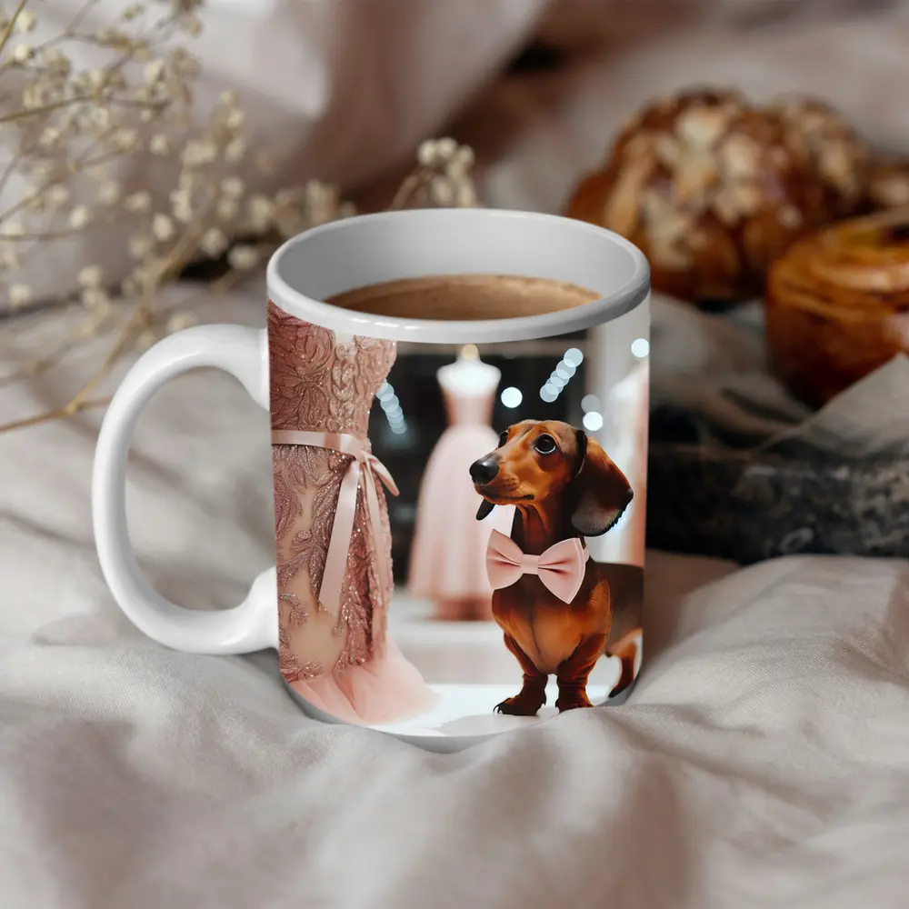 Dachshund With Pink Bow In Dress Shop – Mugs