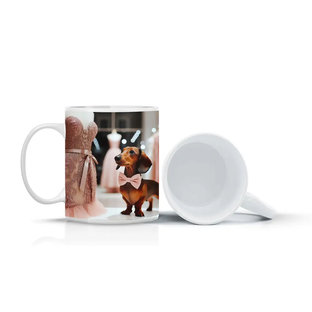Dachshund With Pink Bow In Dress Shop – Mugs