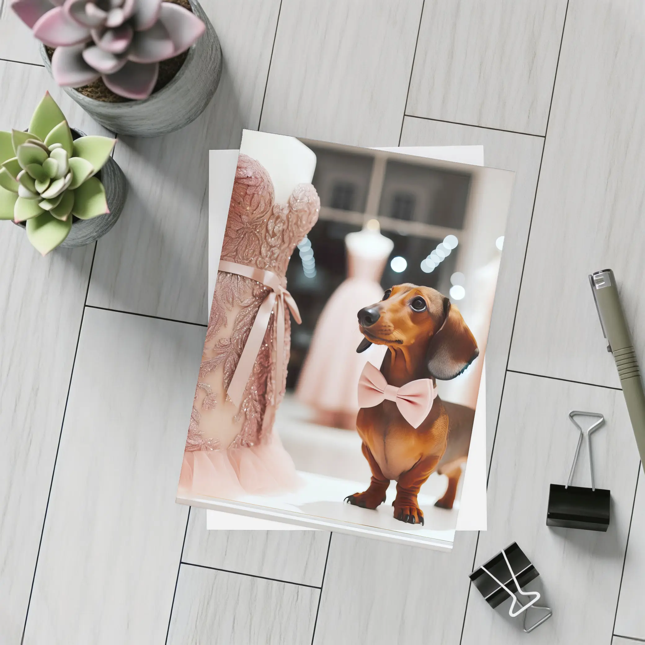 Dachshund With Pink Bow In Dress Shop – Postcards