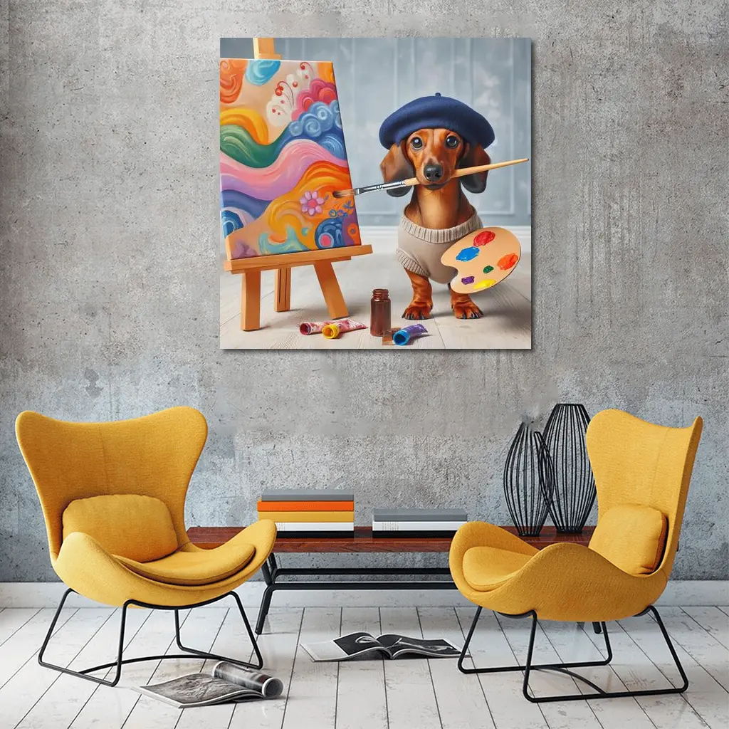 Dachshund Artist Painter With Colorful Canvas – Wall Art