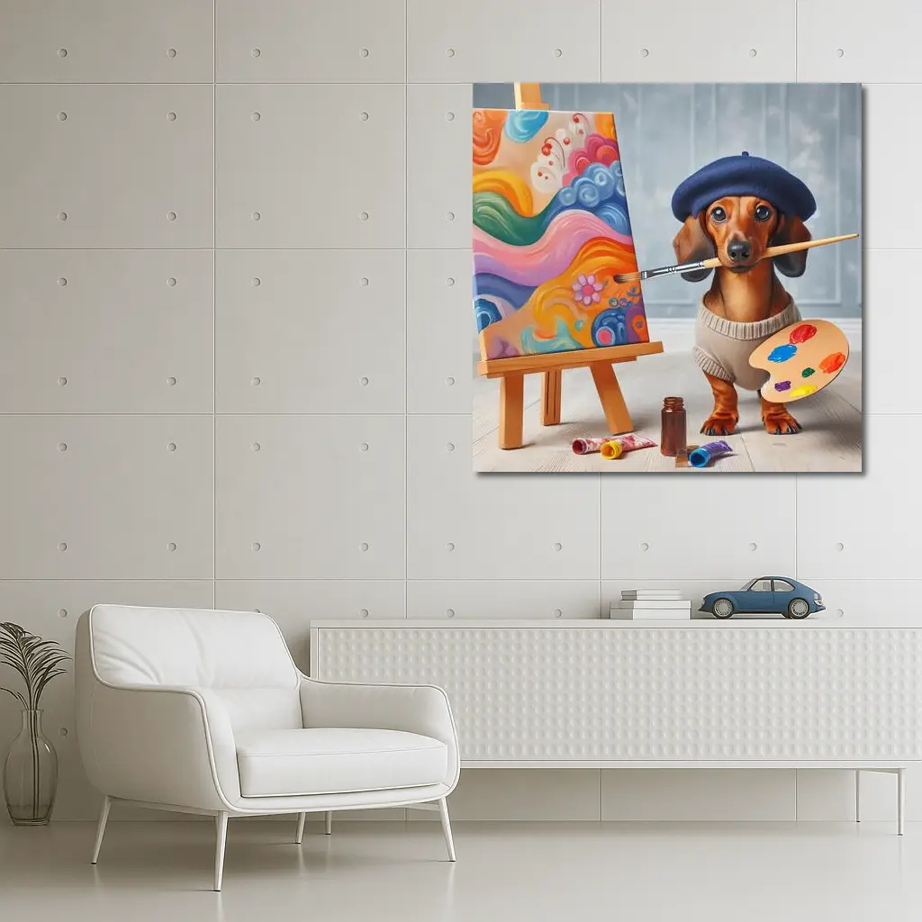 Dachshund Artist Painter With Colorful Canvas – Wall Art