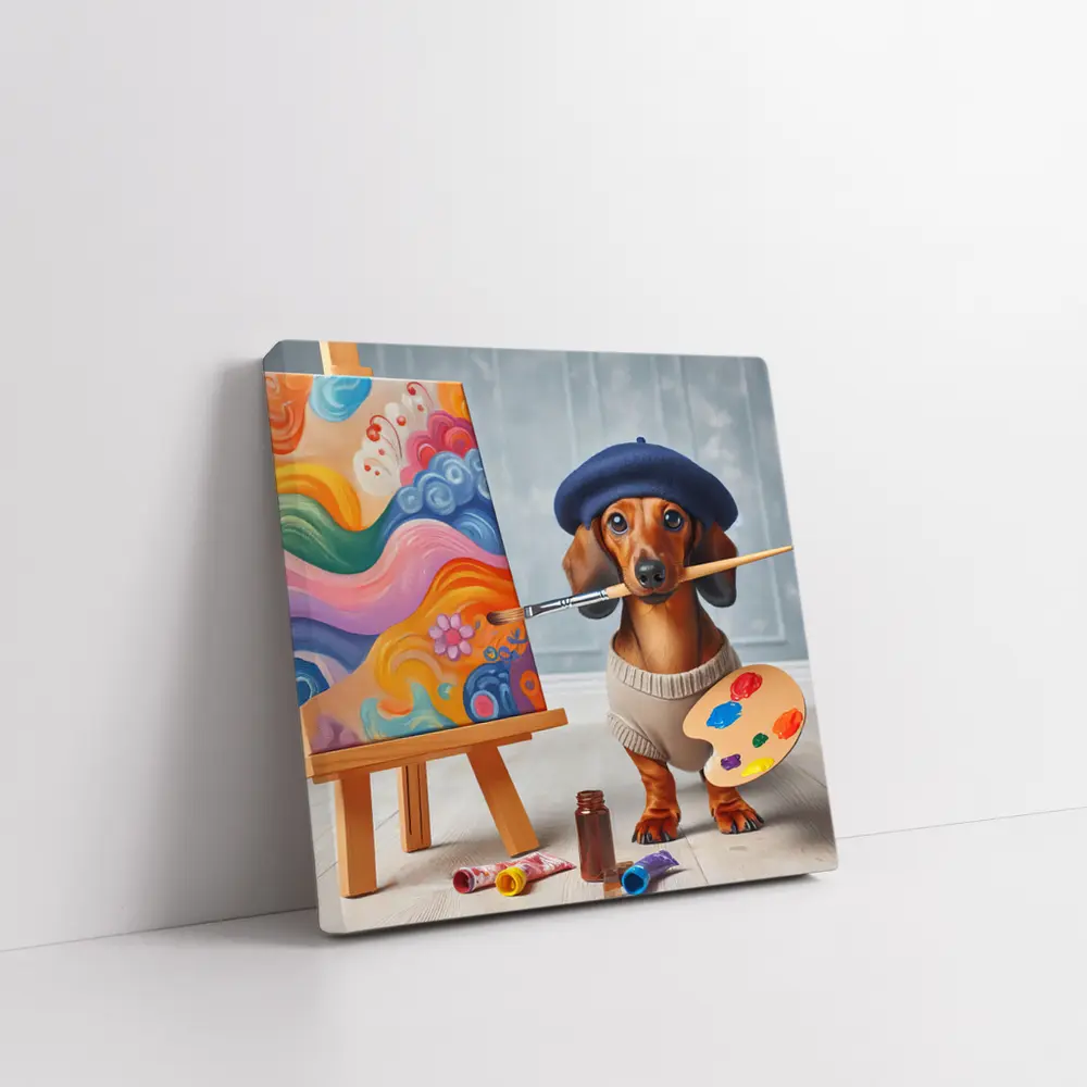 Dachshund Artist Painter With Colorful Canvas – Wall Art