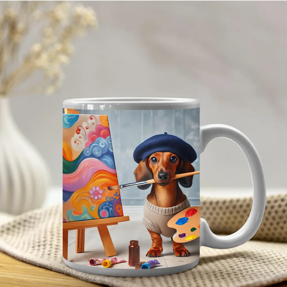 Dachshund Artist Painter With Colorful Canvas – Mugs