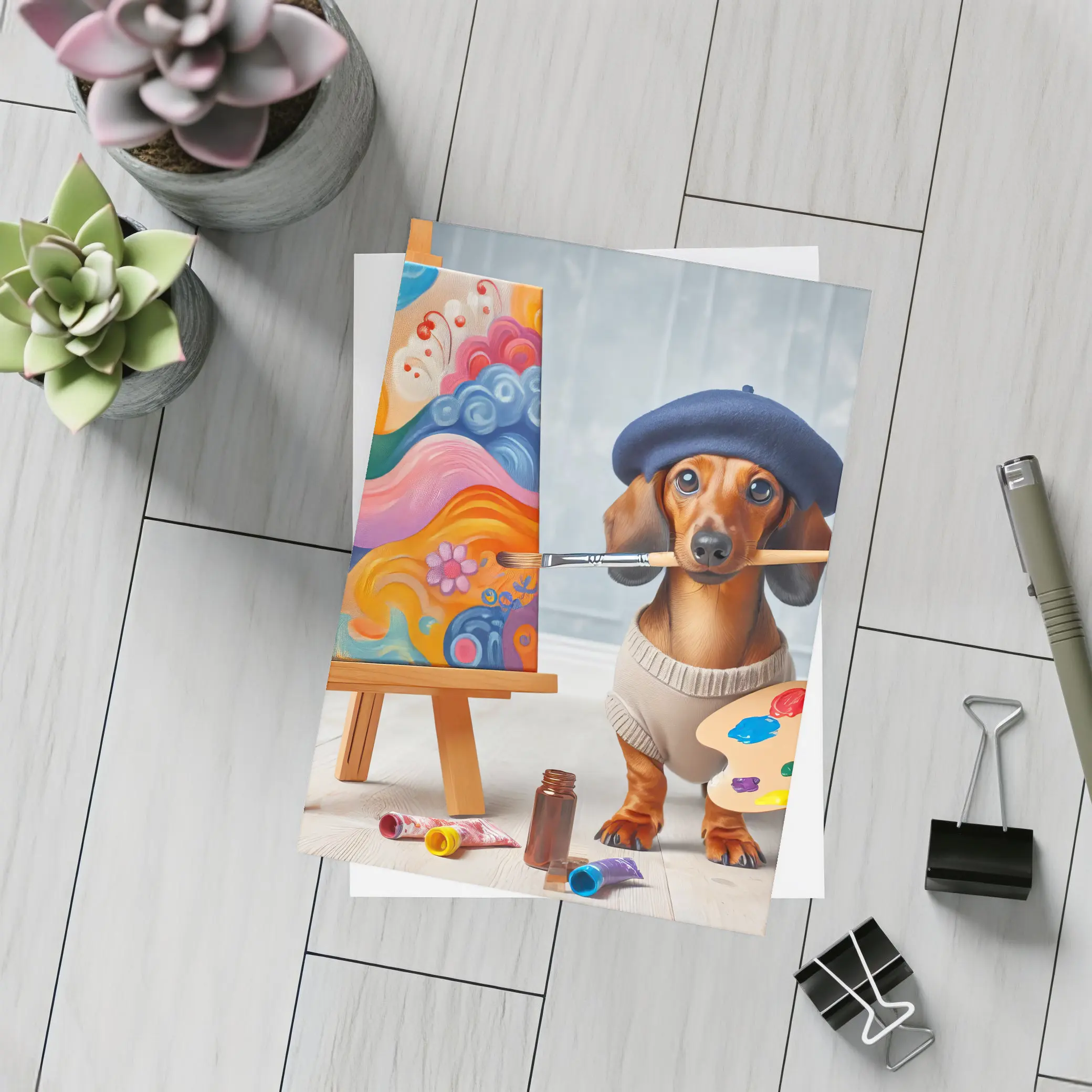 Dachshund Artist Painter With Colorful Canvas – Postcards
