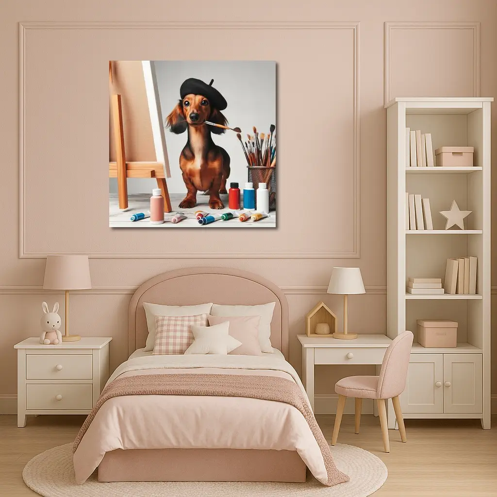 Dachshund Artist Painting With Beret – Wall Art