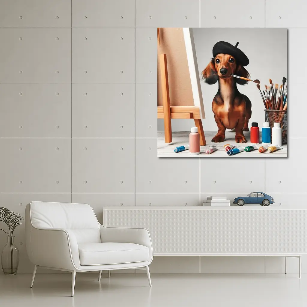 Dachshund Artist Painting With Beret – Wall Art