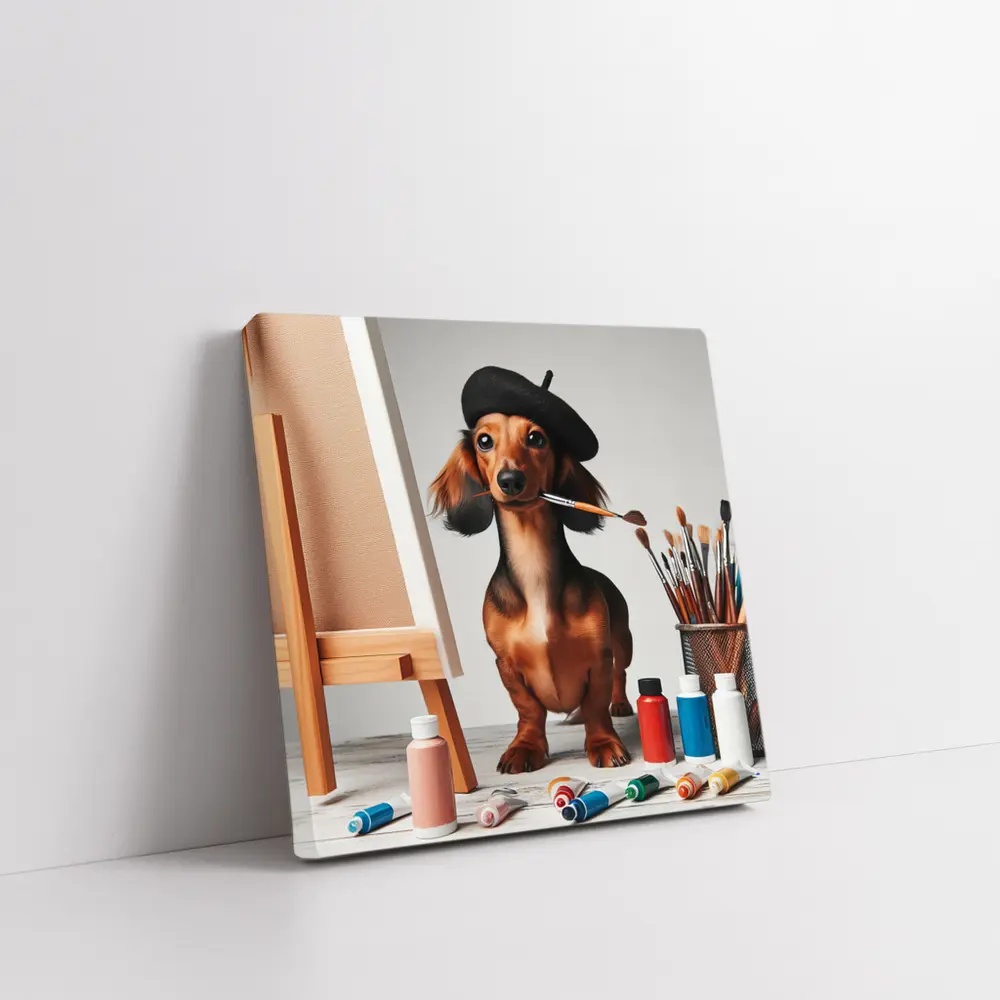 Dachshund Artist Painting With Beret – Wall Art