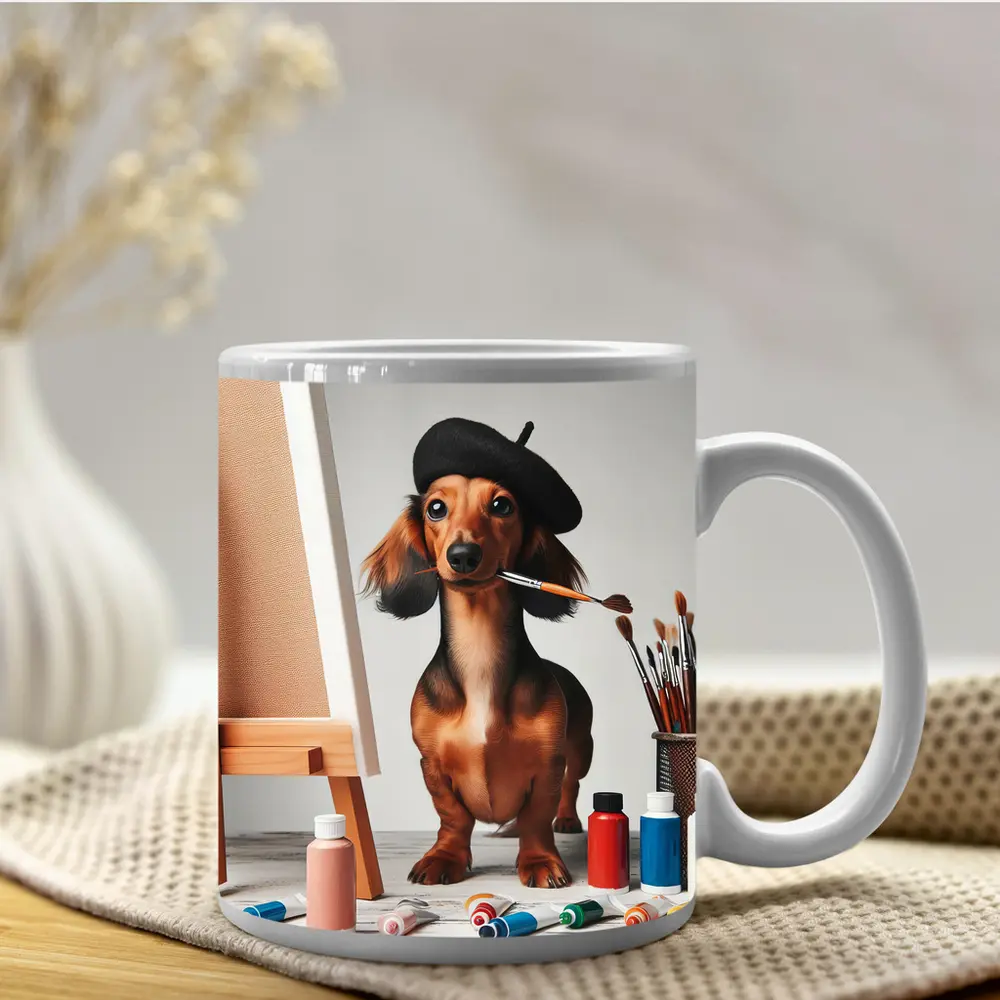 Dachshund Artist Painting With Beret – Mugs