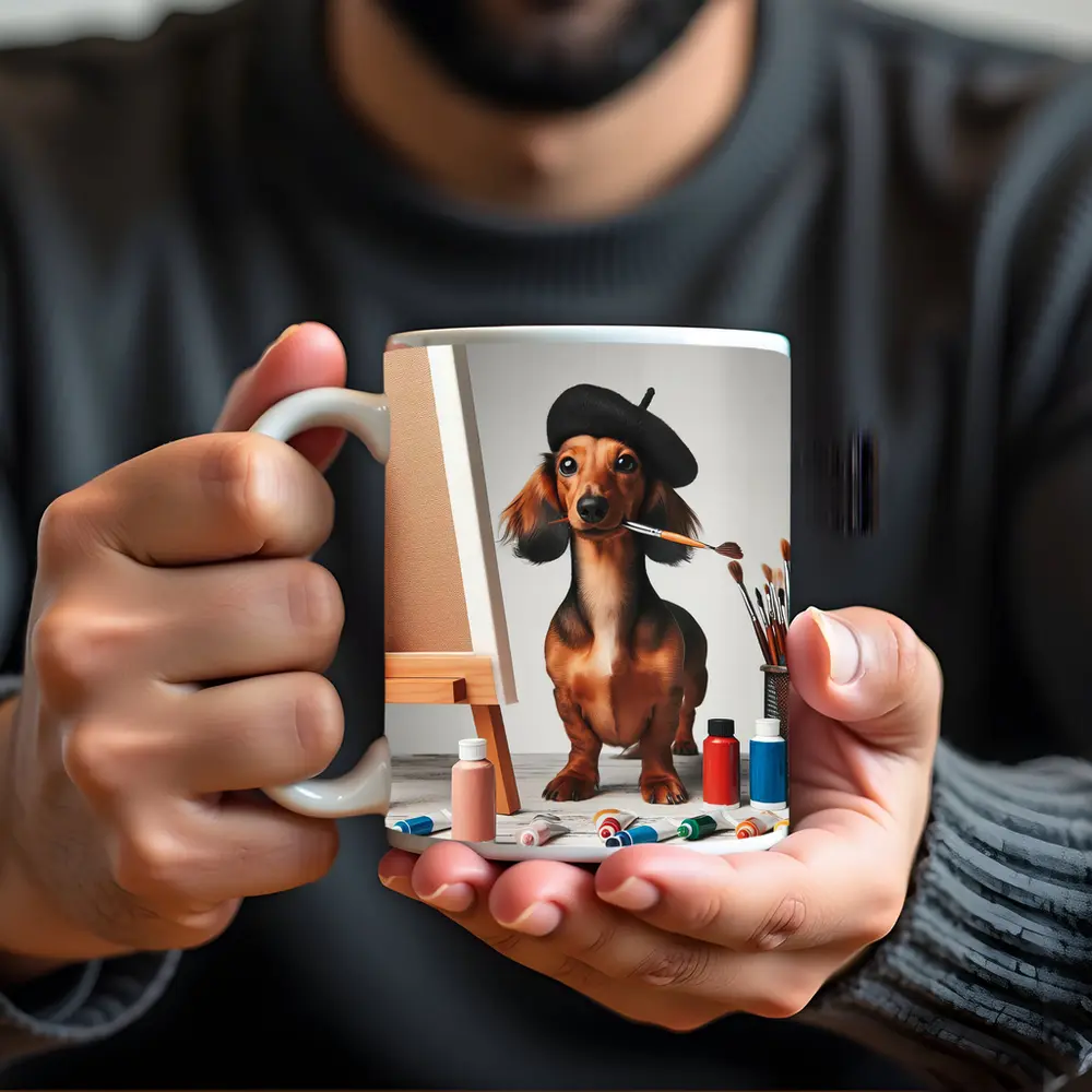 Dachshund Artist Painting With Beret – Mugs