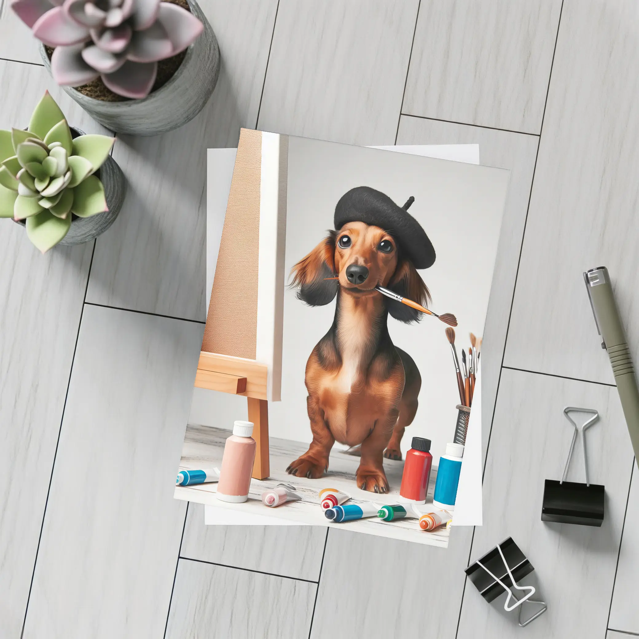 Dachshund Artist Painting With Beret – Postcards