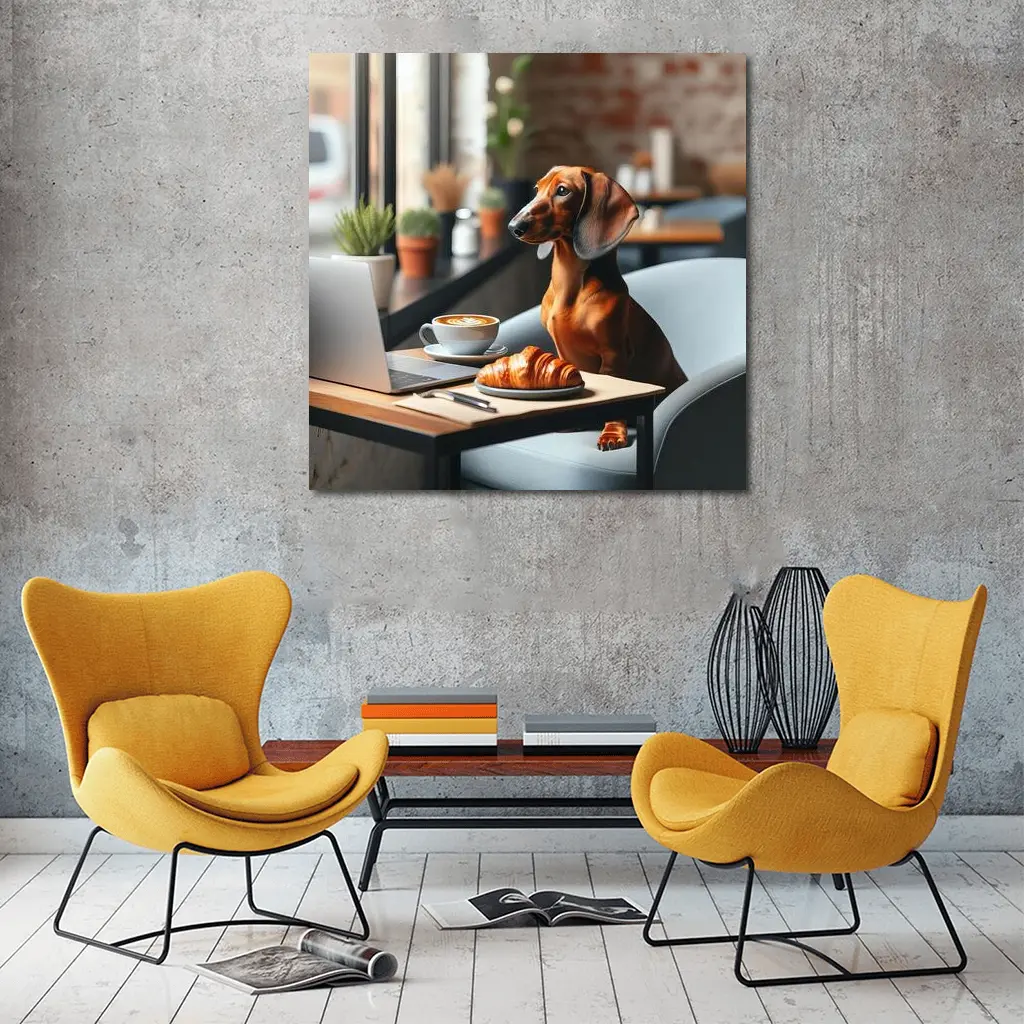 Dachshund Working Laptop Cafe Coffee Croissant – Wall Art