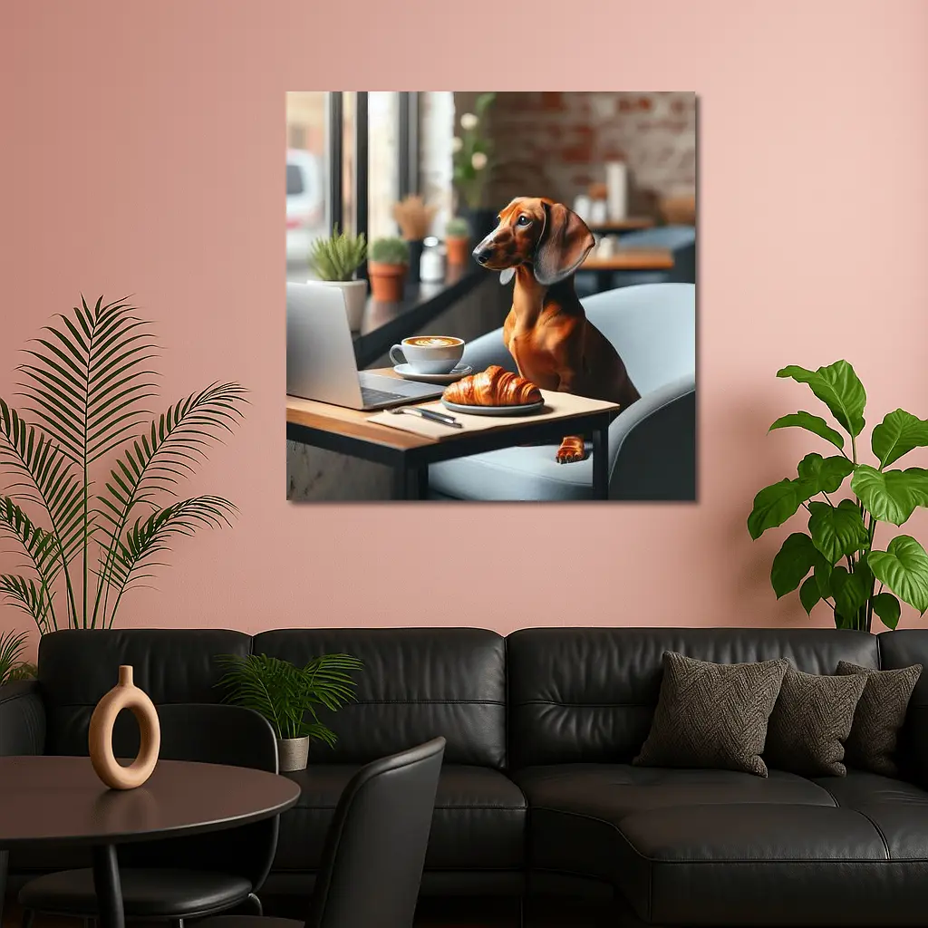 Dachshund Working Laptop Cafe Coffee Croissant – Wall Art