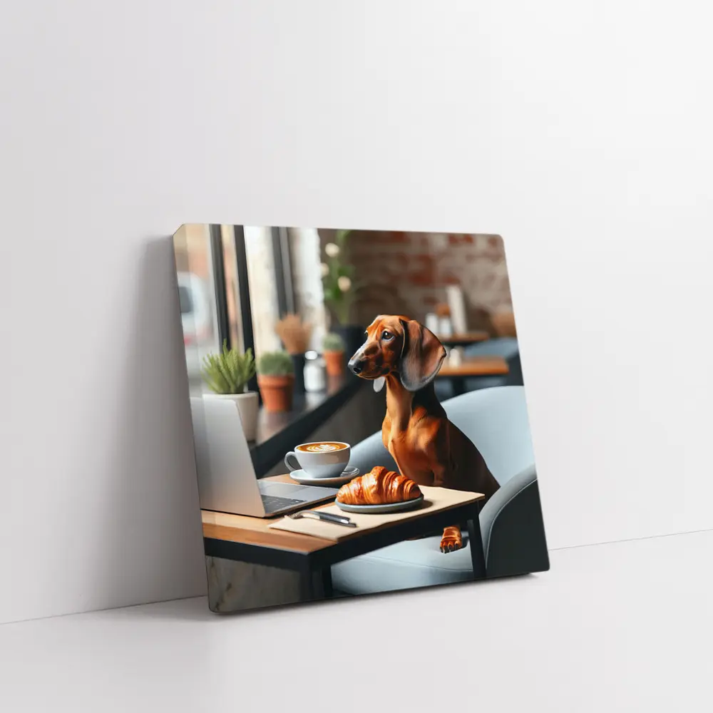 Dachshund Working Laptop Cafe Coffee Croissant – Wall Art