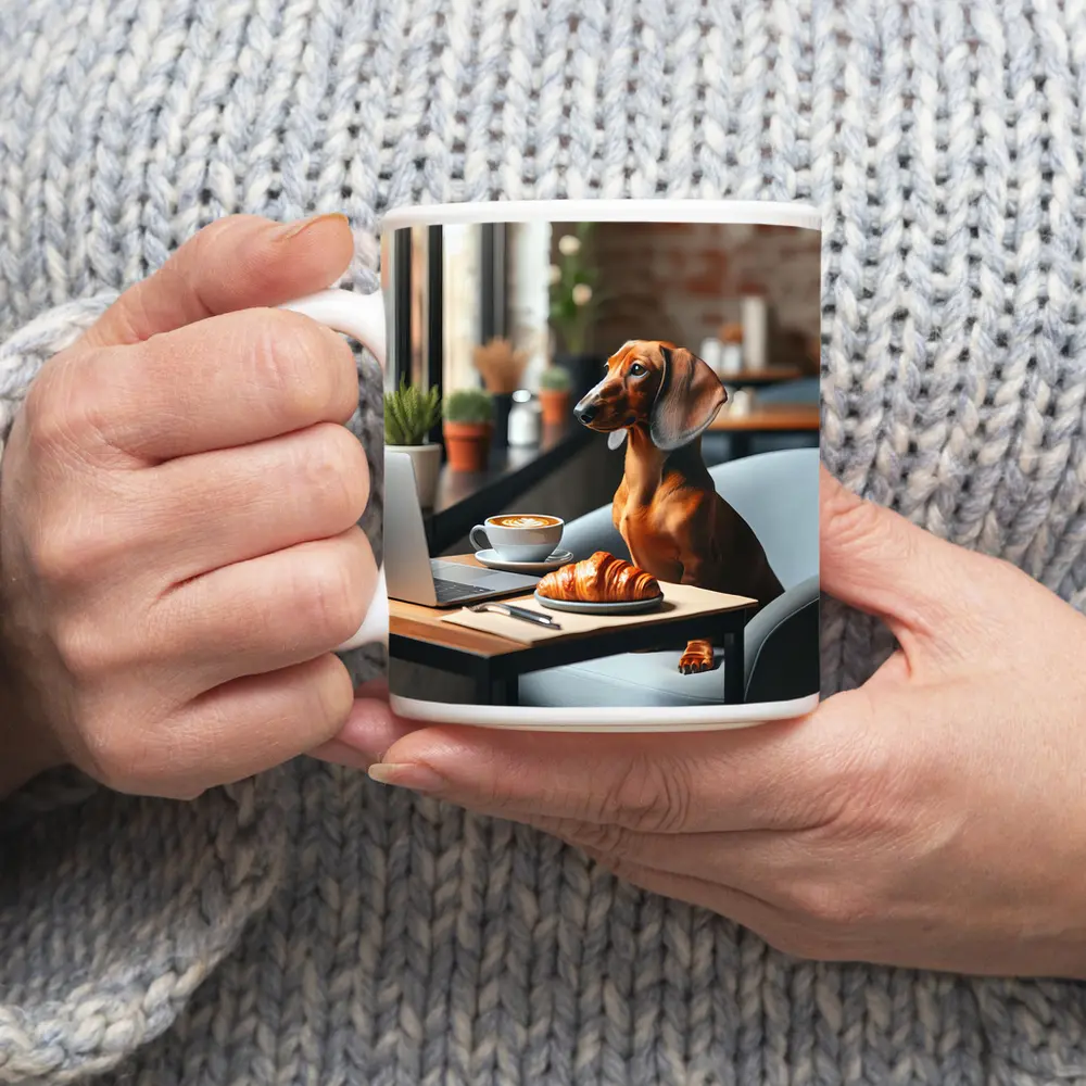 Dachshund Working Laptop Cafe Coffee Croissant – Mugs