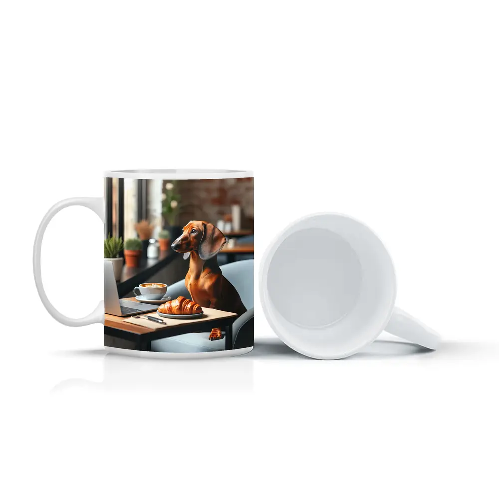 Dachshund Working Laptop Cafe Coffee Croissant – Mugs