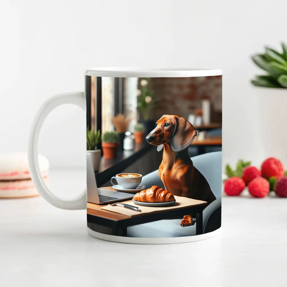Dachshund Working Laptop Cafe Coffee Croissant – Mugs
