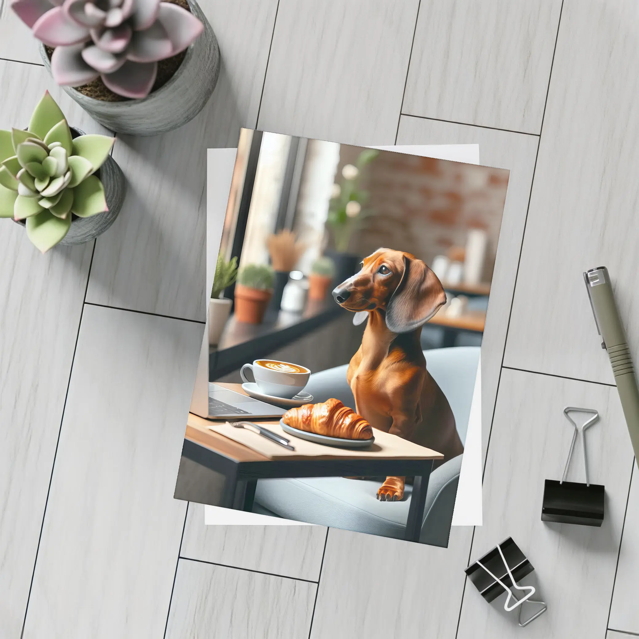 Dachshund Working Laptop Cafe Coffee Croissant – Postcards