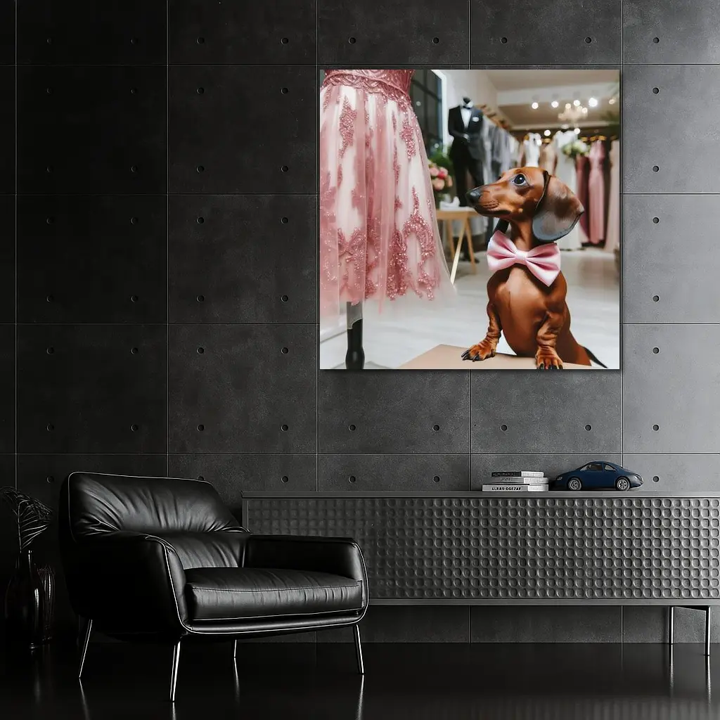 Dachshund With Pink Bow In Bridal Boutique – Wall Art