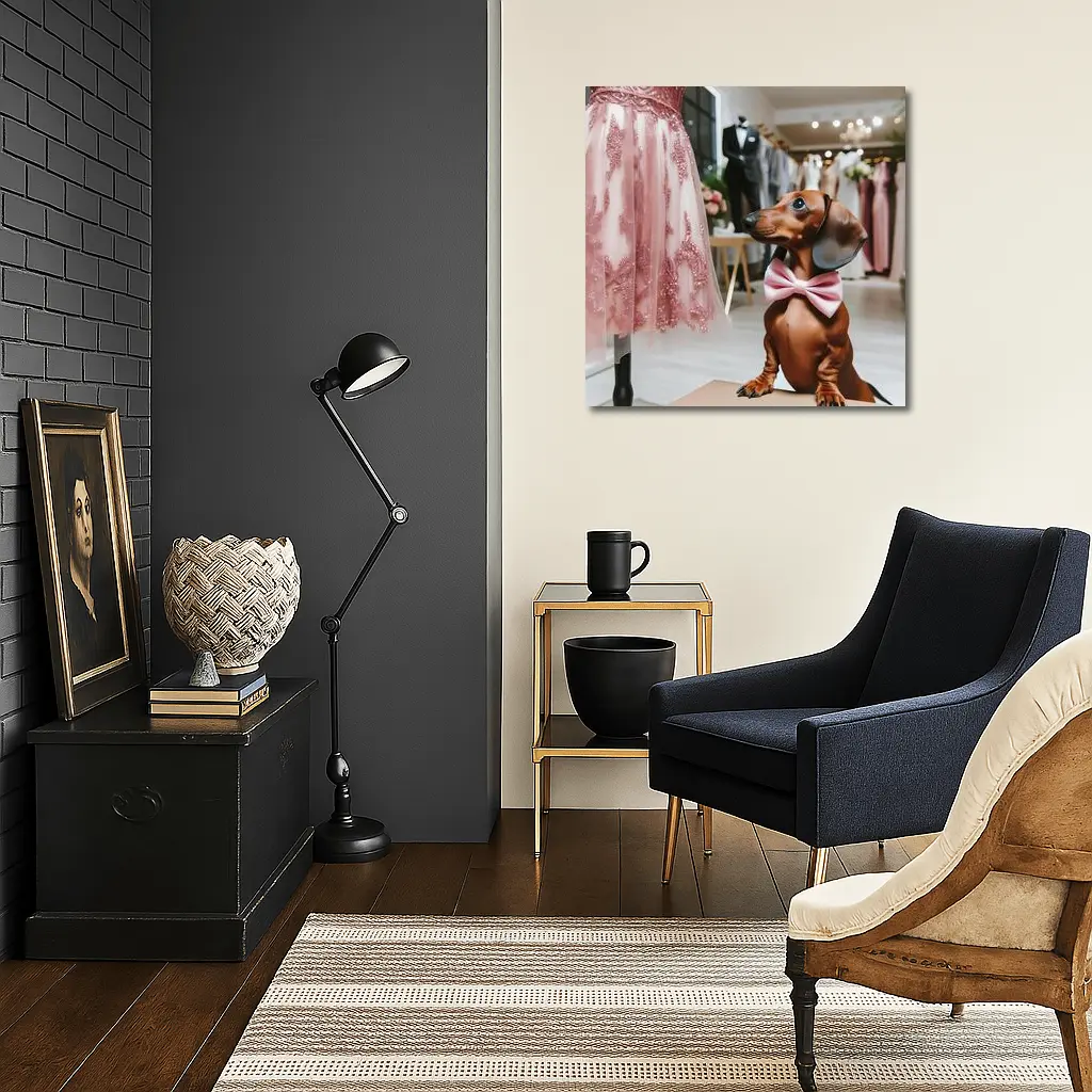 Dachshund With Pink Bow In Bridal Boutique – Wall Art
