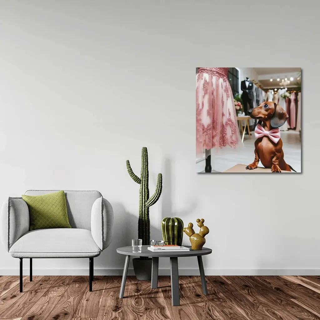 Dachshund With Pink Bow In Bridal Boutique – Wall Art