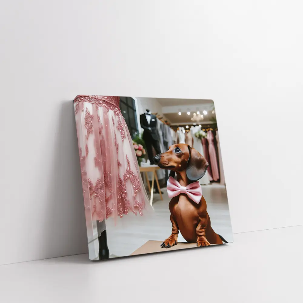 Dachshund With Pink Bow In Bridal Boutique – Wall Art