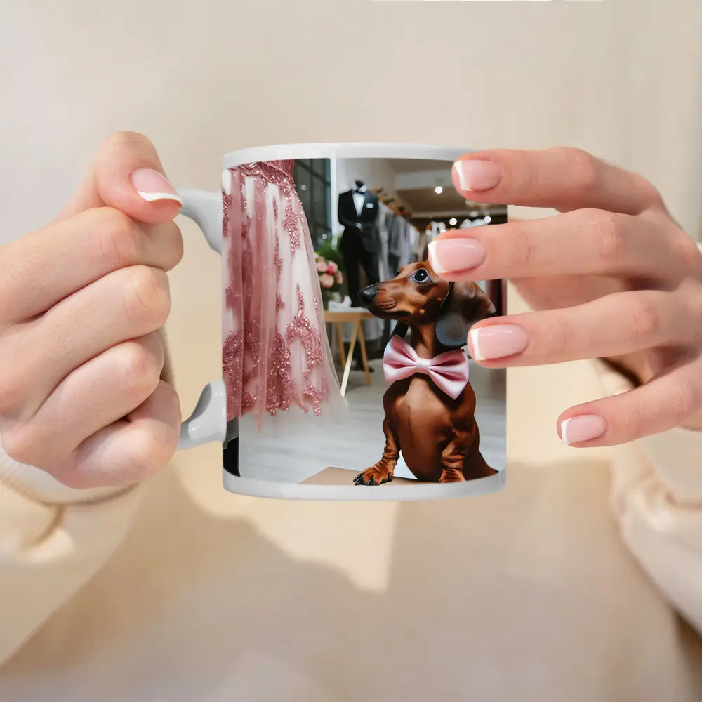 Dachshund With Pink Bow In Bridal Boutique – Mugs