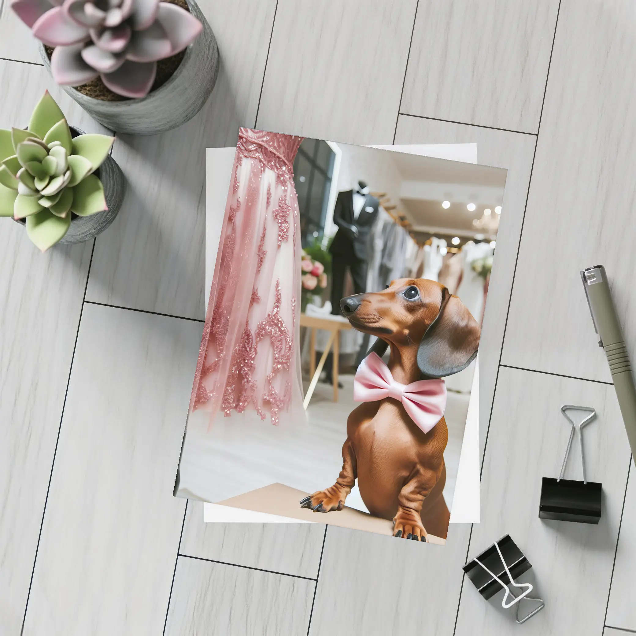 Dachshund With Pink Bow In Bridal Boutique – Postcards