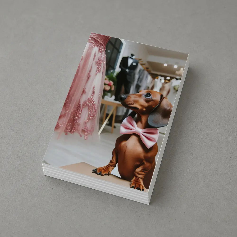 Dachshund With Pink Bow In Bridal Boutique – Postcards