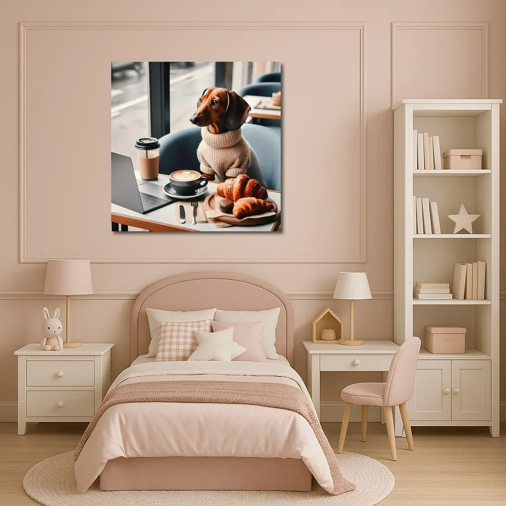 Dachshund Dog Coffee Shop Croissant Morning – Wall Art