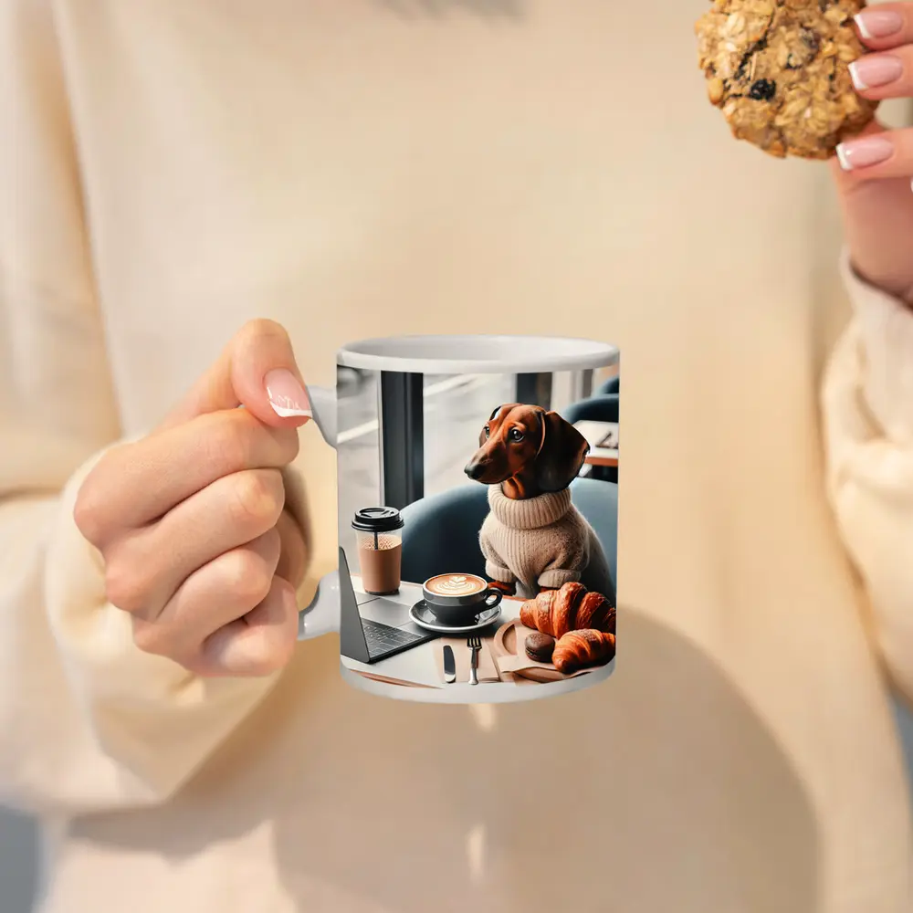 Dachshund Dog Coffee Shop Croissant Morning – Mugs