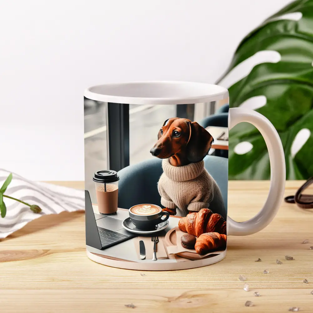 Dachshund Dog Coffee Shop Croissant Morning – Mugs