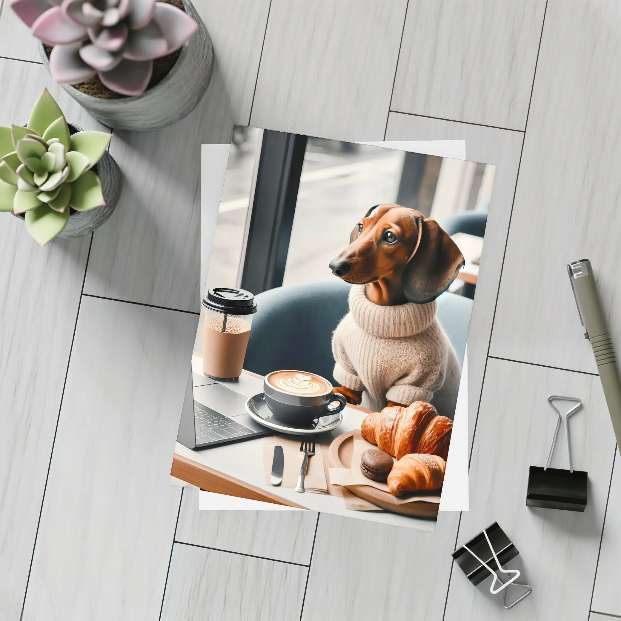 Dachshund Dog Coffee Shop Croissant Morning – Postcards