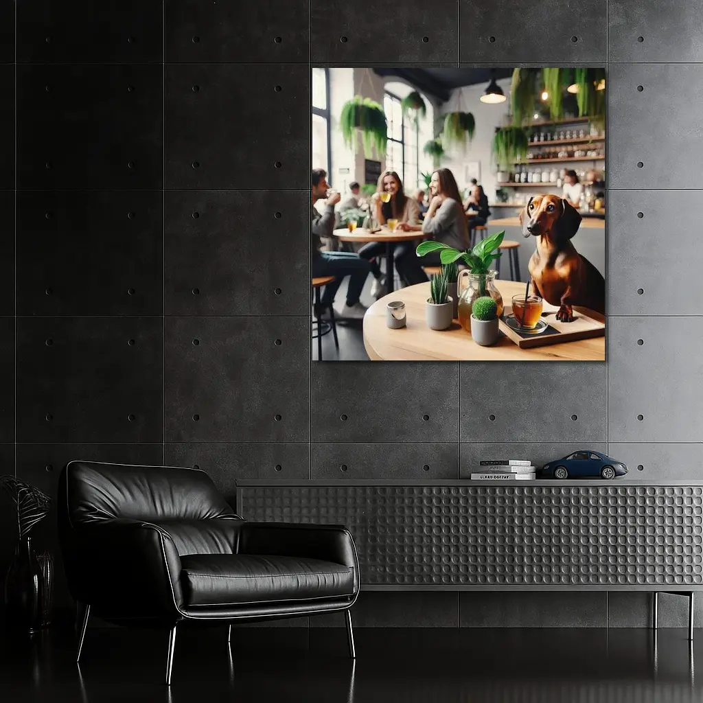 Dachshund Sitting In Cozy Cafe Interior – Wall Art