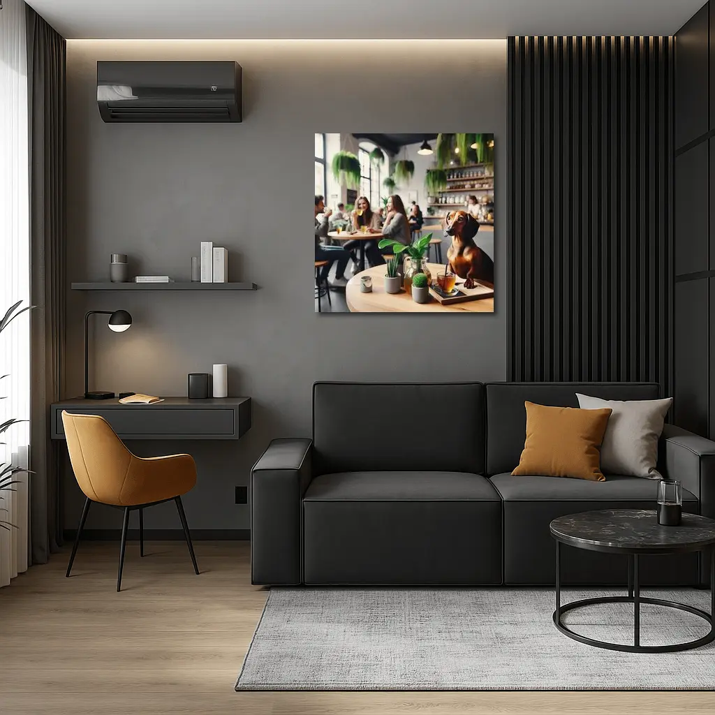 Dachshund Sitting In Cozy Cafe Interior – Wall Art
