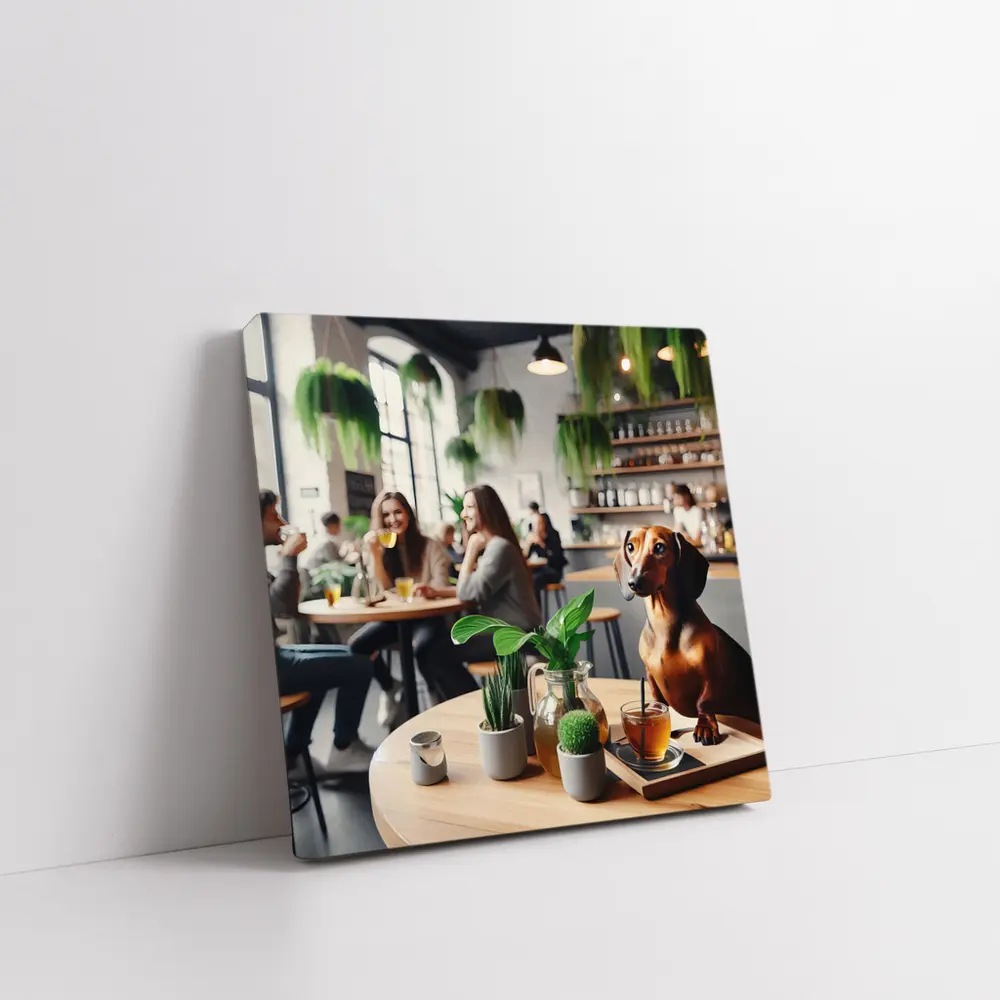 Dachshund Sitting In Cozy Cafe Interior – Wall Art