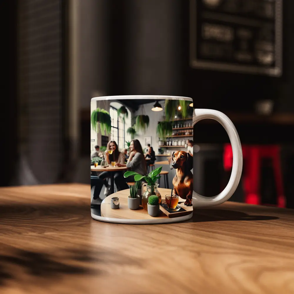 Dachshund Sitting In Cozy Cafe Interior – Mugs