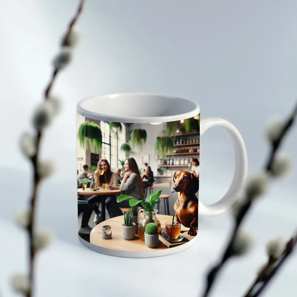Dachshund Sitting In Cozy Cafe Interior – Mugs