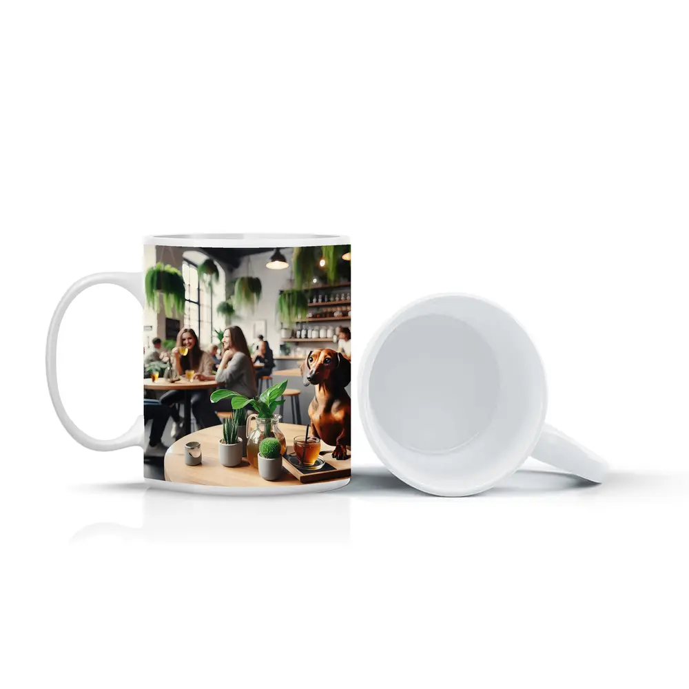 Dachshund Sitting In Cozy Cafe Interior – Mugs