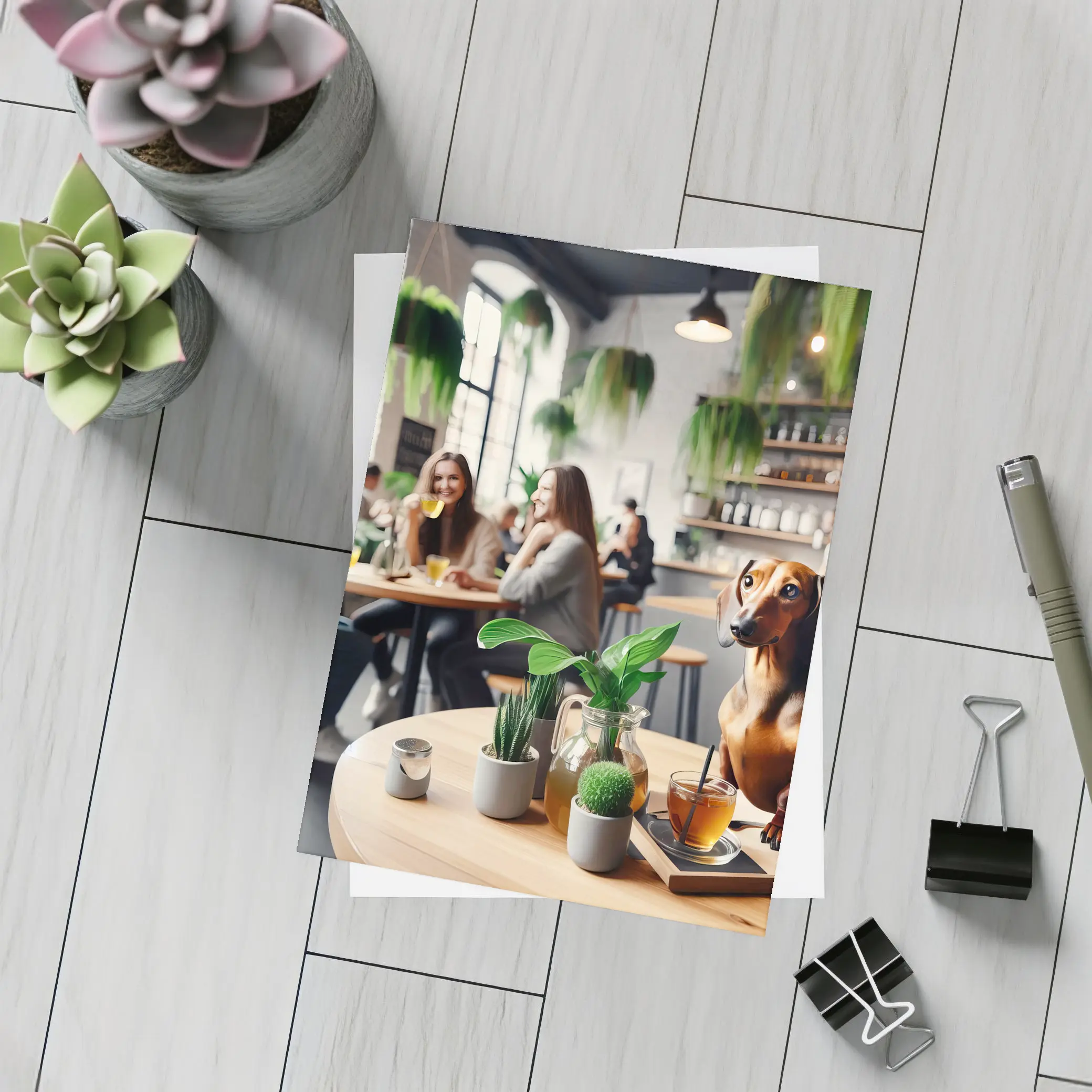 Dachshund Sitting In Cozy Cafe Interior – Postcards