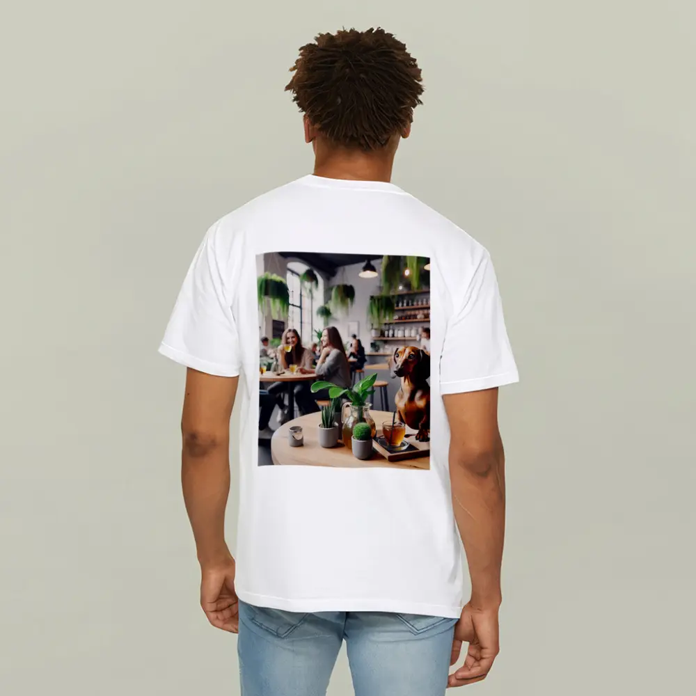 Dachshund Sitting In Cozy Cafe Interior – T-Shirts