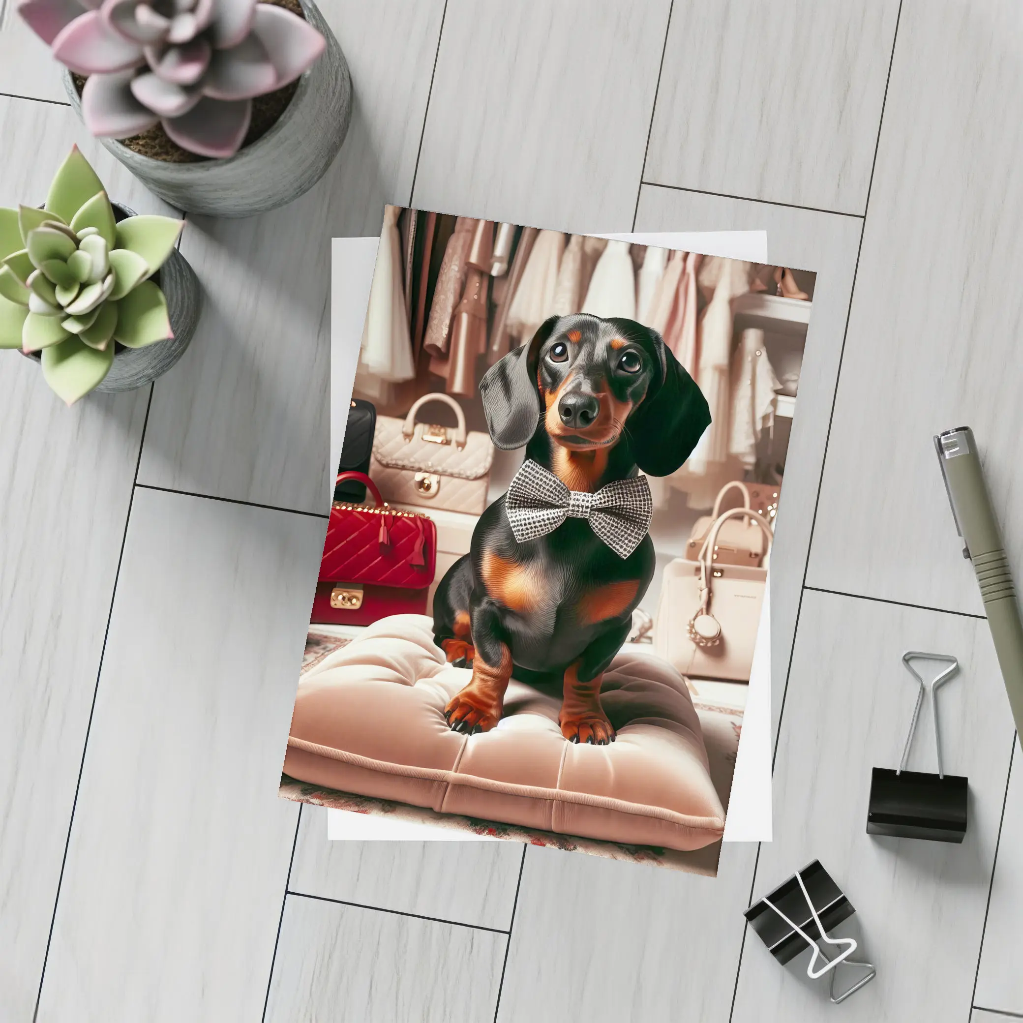 Dachshund With Bow Tie In Fashion Closet – Postcards