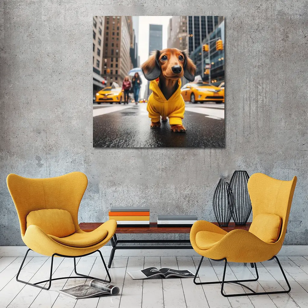 Dachshund Yellow Hoodie New York City Street – Wall Art