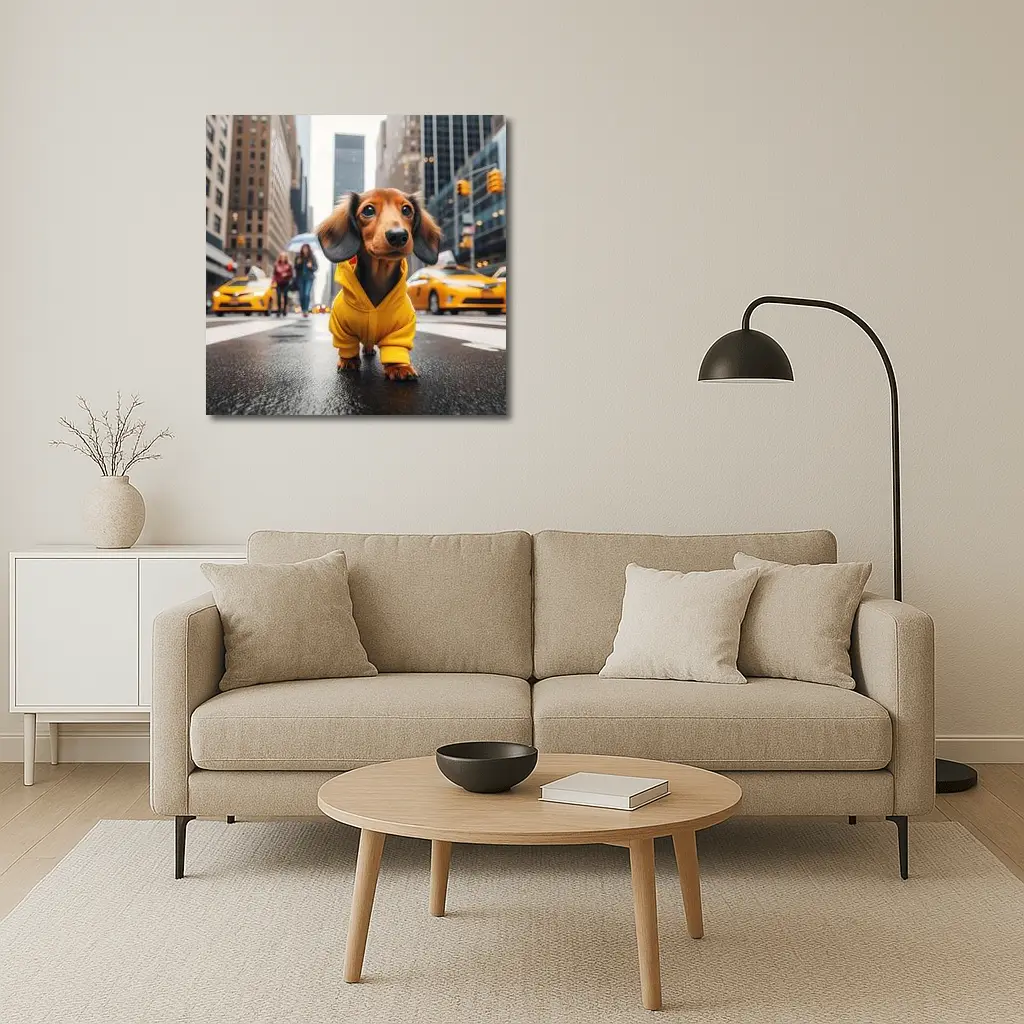 Dachshund Yellow Hoodie New York City Street – Wall Art