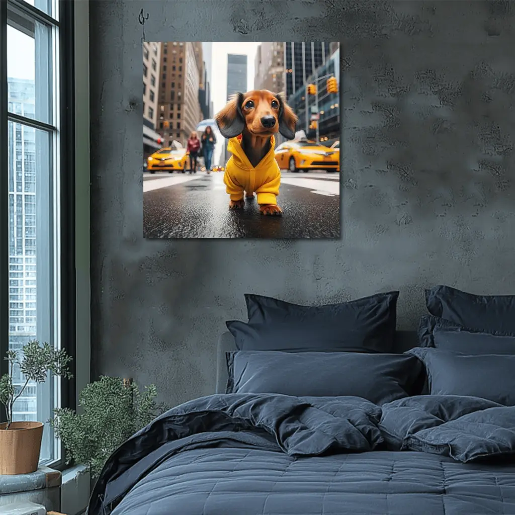 Dachshund Yellow Hoodie New York City Street – Wall Art