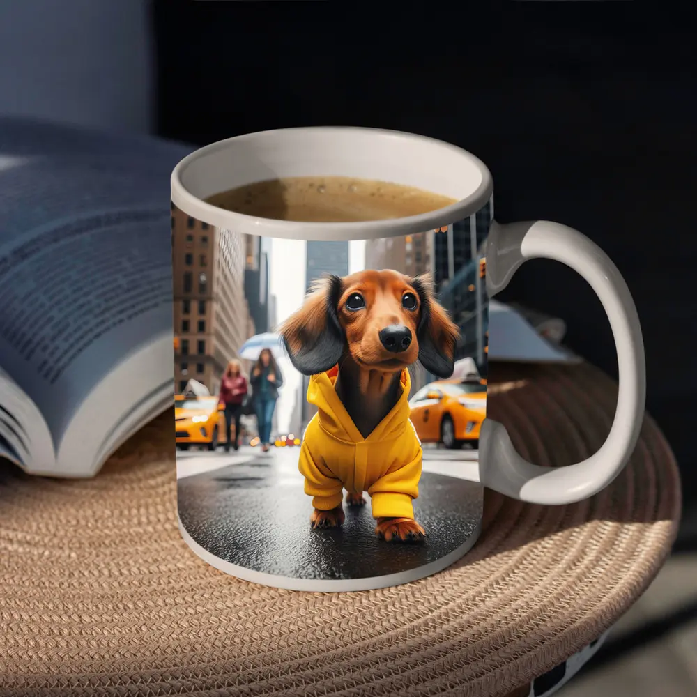 Dachshund Yellow Hoodie New York City Street – Mugs